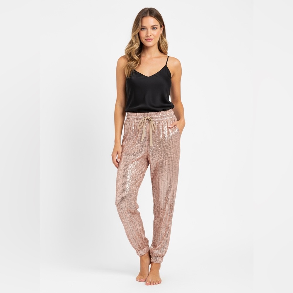 CBR Sequined Rose Gold Jogger Pants NWT
